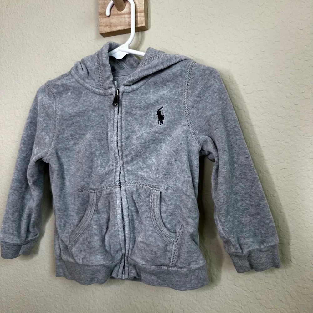 Ralph Lauren Baby Gray Velour Zip Up Hoodie Sweatshirt 18M Pony Logo